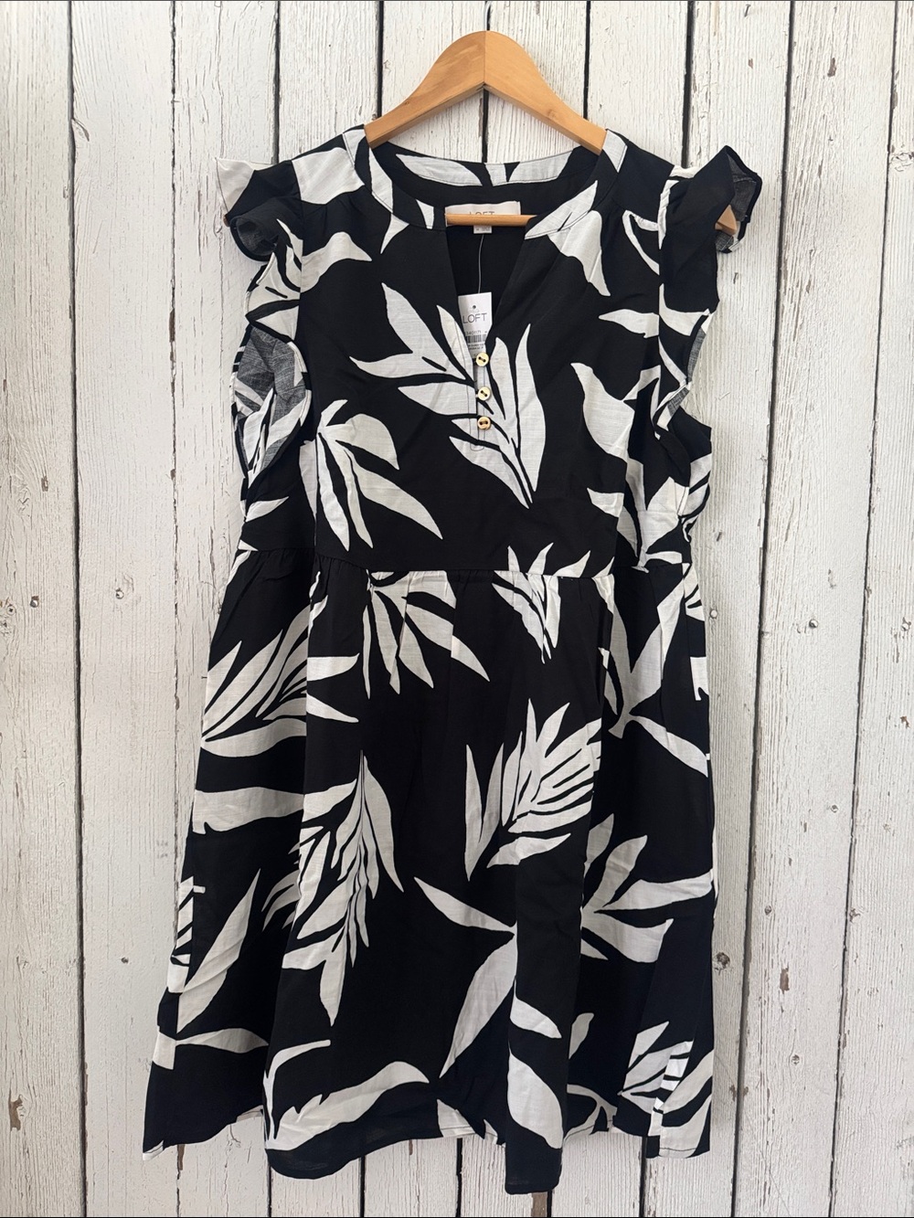 LOFT Black Dress with White Leaf Print and Flutter Sleeves